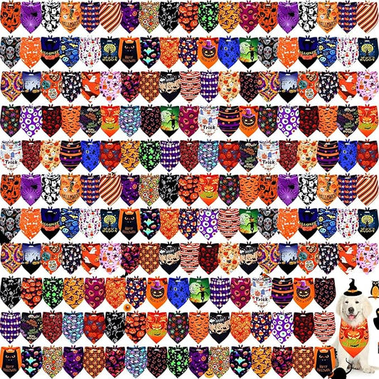 Newwiee 200 Pcs Halloween Dog Bandanas Bulk for Dogs Adjustable Triangle Bibs Scarf Halloween Pumpkin Bat Skull Ghost Spider Pet Costumes Scarf Holiday Accessories for Large Dog Puppy