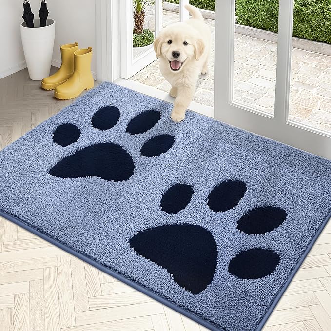 PURRUGS Dirt Trapping Door mat 32" x 47", Non-Skid/Slip Machine Washable Microfiber Entryway Rug, Dog Door Mat, Super Absorbent Welcome Mat for Muddy Wet Shoes and Paws, Light Blue