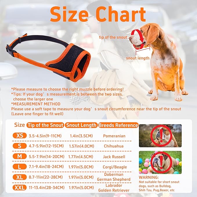 Dog Muzzle, Soft Breathable Muzzle for Small Medium Large Dogs, Air Mesh Nylon Muzzle Cover Prevent Biting Barking Chewing, Adjustable Drinkable Pet Muzzle 6 Sizes (Orange,L)