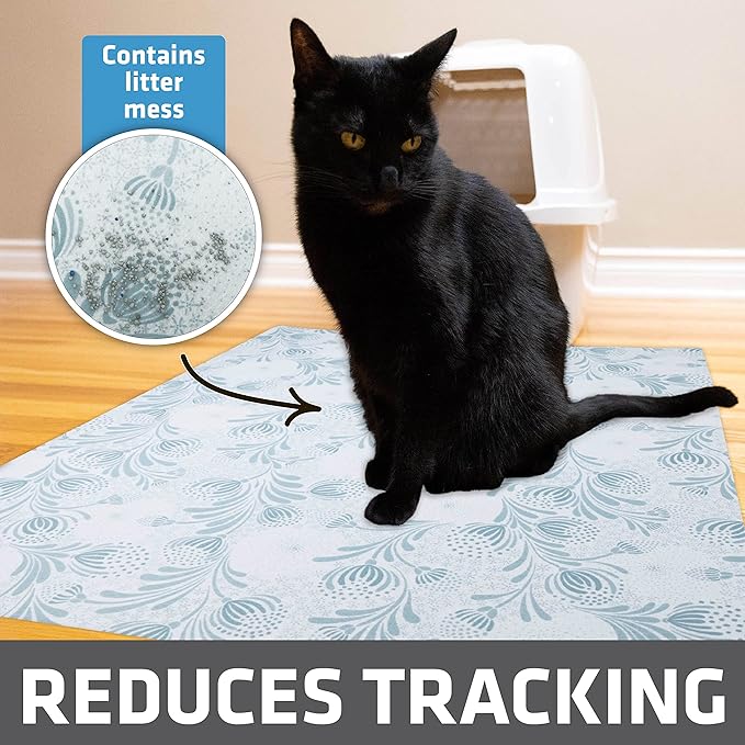 Drymate XL Original Cat Litter Mat, Contains Mess from Box, Protects Floors, Urine-Proof, Machine Washable, Soft on Kitty Paws, Absorbent, Waterproof (USA Made, Recycled Content)(29”x36”)(Blue Floral)