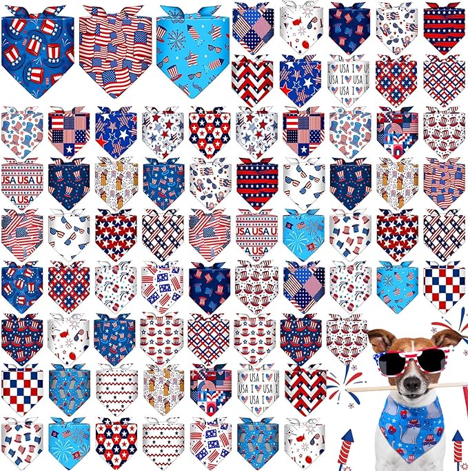 72 Pcs Veterans Day Dog Bandanas Bulk Patriotic Triangle Scarf Cat Puppy Bibs Scarf Blue White and Red Pet Bandanas for Puppy Cat Birthday Party Costume