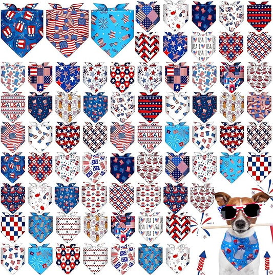 72 Pcs Veterans Day Dog Bandanas Bulk Patriotic Triangle Scarf Cat Puppy Bibs Scarf Blue White and Red Pet Bandanas for Puppy Cat Birthday Party Costume