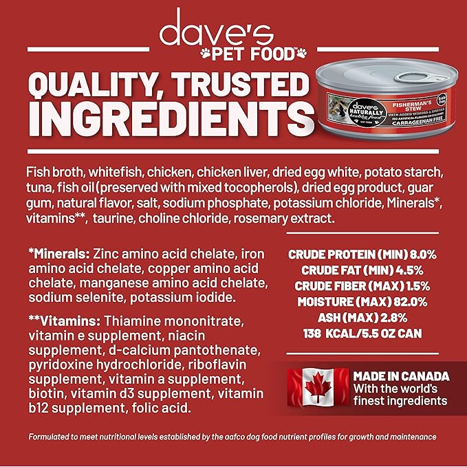 Dave's Pet Food Grain Free Wet Cat Food (Shredded Fishaerman Stew), Made in Canada Naturally Healthy Canned Cat Food, Added Vitamins & Minerals, Wheat GMO & Gluten-Free, 5.5 oz (24 Pack)