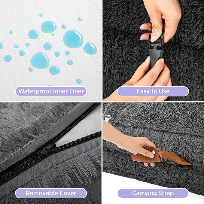 LE SURE Foldable Human Dog Bed - 3 in 1 Flexible Giant Human Dog Bed for Adult People with Supportive Bolster Egg Foam, Waterproof Liner, Calming Fluffy Faux Fur Orthopedic Big Bean Bed, Dark Grey