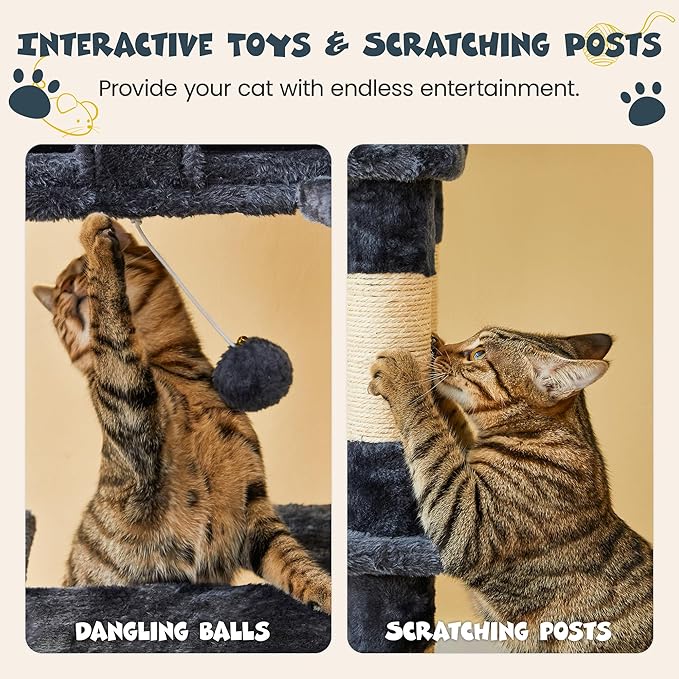 MWPO 74.8 inches Large Cat Tree with Sisal-Covered Scratching Posts & Condo, Tall Cat Tower Entertainment Playground Furniture for Cats & Kittens - Multiple Colors-Smoky Gray