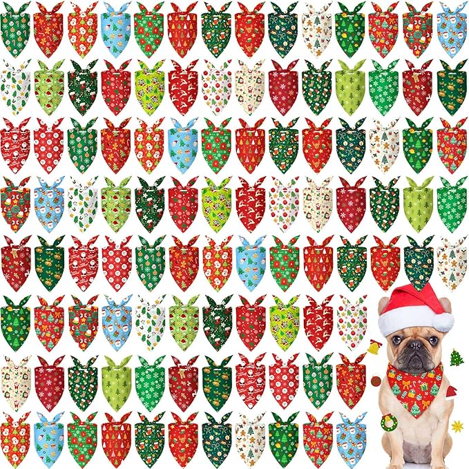 Chunful 120 Pcs Christmas Bandanas for Dogs Xmas Bandanas Bulk with Santa Snowflake Candy Cane Patterns Soft Bibs Adjustable Triangle Doggie Scarf for Small Medium Large Pet 25.6 x 17.7 x 17.7 Inch