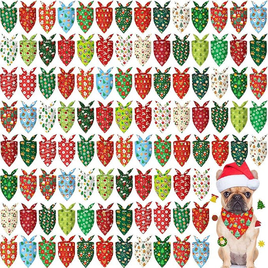 Chunful 120 Pcs Christmas Bandanas for Dogs Xmas Bandanas Bulk with Santa Snowflake Candy Cane Patterns Soft Bibs Adjustable Triangle Doggie Scarf for Small Medium Large Pet 25.6 x 17.7 x 17.7 Inch