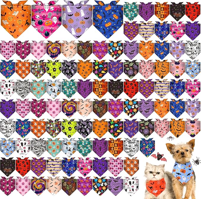 120 Pcs Halloween Dog Bandanas Bulk Pumpkin Ghosts Skeleton Pet Bandanas Dog Handkerchiefs Halloween Scarf Bibs Triangle Bibs Adjustable Kerchief Pet Grooming Costume Accessories