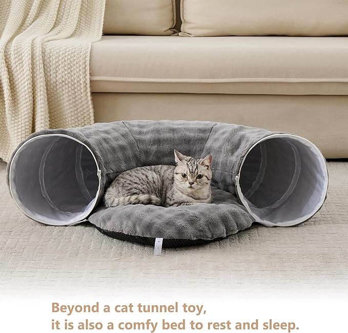 Bubble Cat Tunnel for Indoor Cats, Round Peekaboo Cave Toy with Dangling Balls, Donut Tunnel Bed with Circle Mat for Puppy Kitten Rabbit, Grey