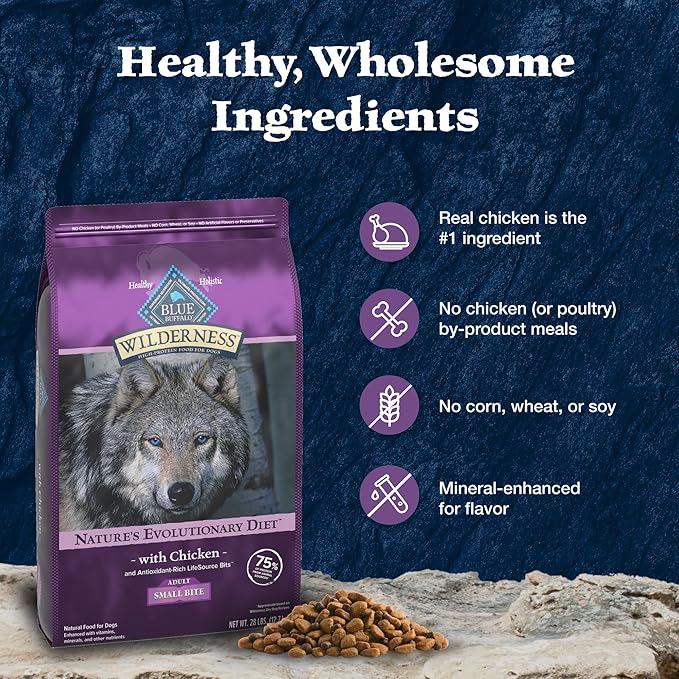 Blue Buffalo Wilderness High-Protein Small-Bite Dry Dog Food for Adult Dogs, Made in The USA with Natural Ingredients Plus Wholesome Grains, Chicken, 24-lb Bag