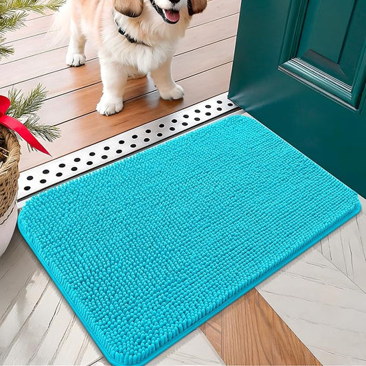 OLANLY Dog Door Mat for Muddy Paws 24x16, Absorbs Moisture and Dirt, Absorbent Non-Slip Washable Doormat, Quick Dry Chenille Mud Mat for Dogs, Entry Indoor Entryway Carpet for Inside Floor, Aqua Blue