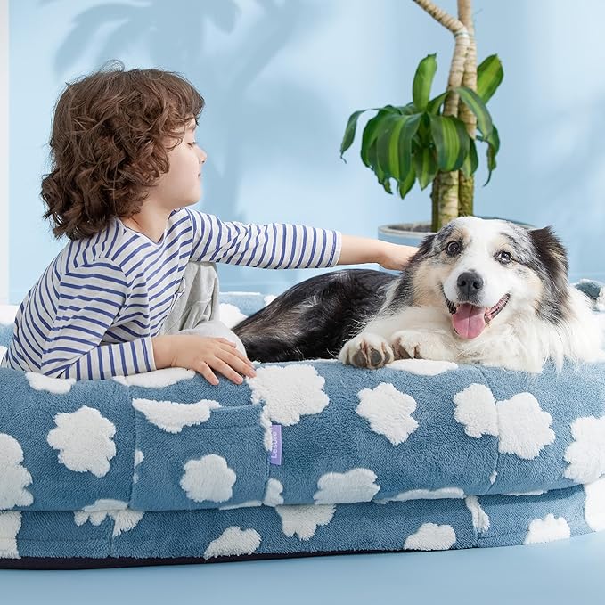 LE SURE Human Dog Bed for Adult - Calming Human Size Dog Bed with Egg Foam Supportive Mat and Storage Pocket, Cute Modern Pet Beds with Jacquard Shaggy Plush & Anti Slip Bottom 55x37x10, Blue
