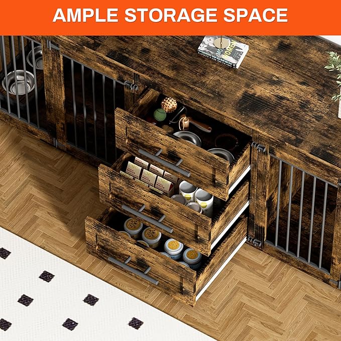 Rophefx 94.5" Dog Crate Furniture for 2 Dogs, Large Dog Kennel Furniture with 3 Storage Drawer, Wooden Dog Cage with 4 Bowls, Indoor Dog House TV Stand with Locks for Large Medium Dog, Rustic Brown
