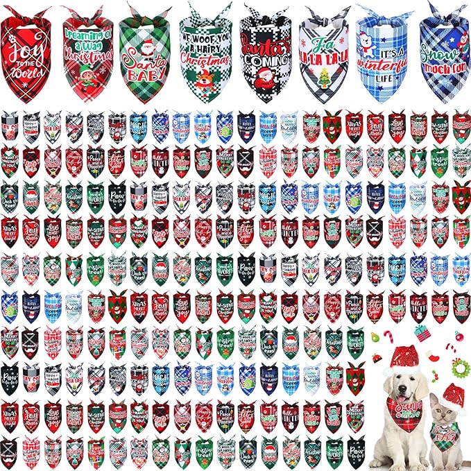 Preboun 200 Pcs Christmas Plaid Dog Bandanas Bulk Dog Holiday Scarf Bibs Puppy Bandanas Adjustable Washable Kerchief Pet Costume Accessories Grooming Supplies for Small to Medium Cats Dogs