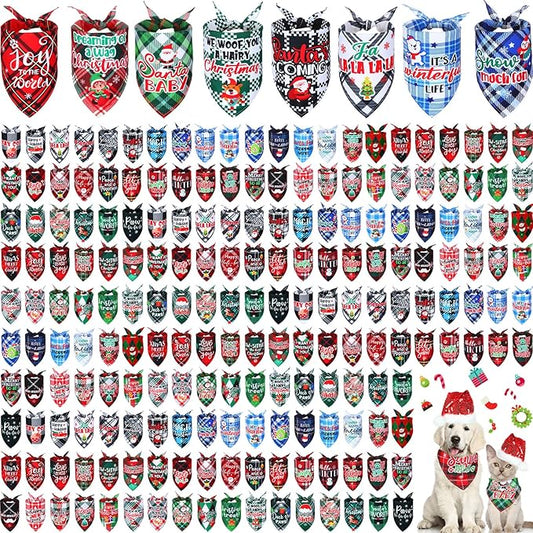 Preboun 200 Pcs Christmas Plaid Dog Bandanas Bulk Dog Holiday Scarf Bibs Puppy Bandanas Adjustable Washable Kerchief Pet Costume Accessories Grooming Supplies for Small to Medium Cats Dogs