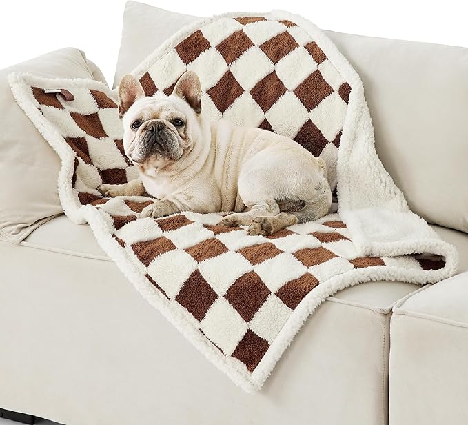 LE SURE Waterproof Dog Blanket for Medium Dogs - Washable Double Sided Dog Blankets with Warm Jacquard Shag and Soft Sherpa Fleece, Pet Cat Blanket for Couch Protection, 3D Textured Checks, Brown
