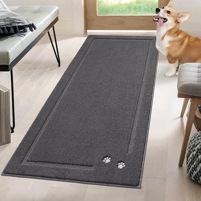 BEQHAUSE Dog Door Mat for Muddy Paws 32"x70" Dirt Trapper Absorbent Doormat Non Slip Entryway Rugs Washable Stain Resistant Welcome Floor Mat Soft Low-Profile for Front Back Door, Dark Grey