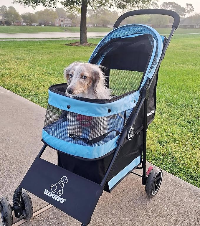 ROODO 4 Wheel Dog Cat Pet Stroller Best Lightweight Foldable Compact Portable Jogger All Terrain Travel Pet Gear Puppy Doggie Bunny Kitty Stroller for up to 30lbs Medium Small Dogs Cats(Sky Blue)