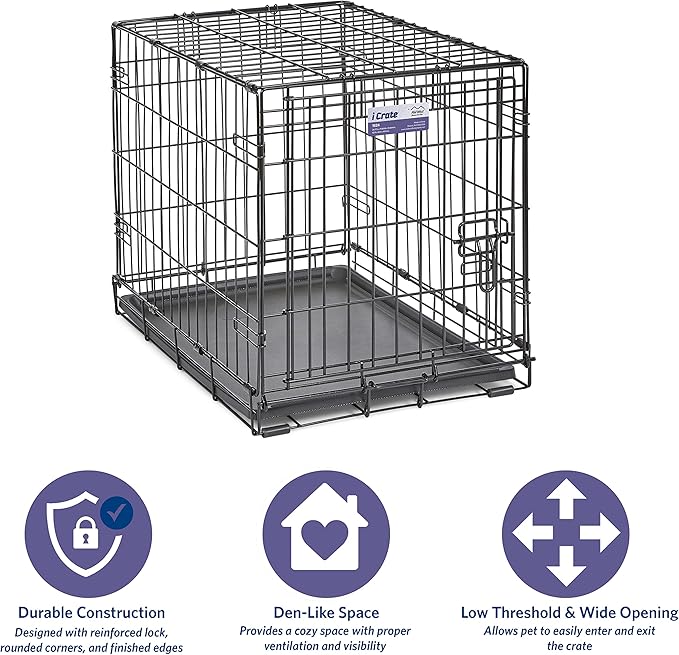 MidWest Homes for Pets 24-Inch iCrate Folding Dog Crate with Divider Panel, Leak-Proof Tray & Secure Latches – Metal Wire Kennel for Small Breeds – Portable, Durable & Easy to Assemble