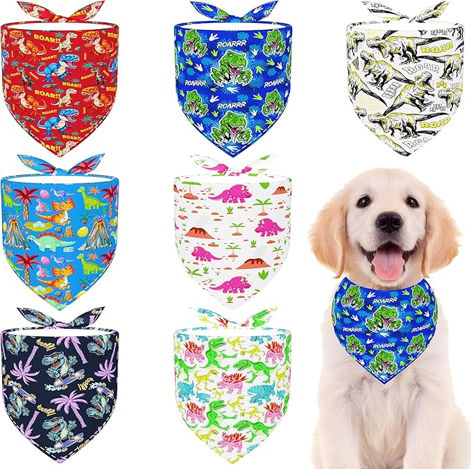 7 PCS Medium Dinosaurs Dog Bandanas Hemming Seam Edge Dog Bandana for Small Dogs Print One Side Large Cats Scarfs Party Grooming M