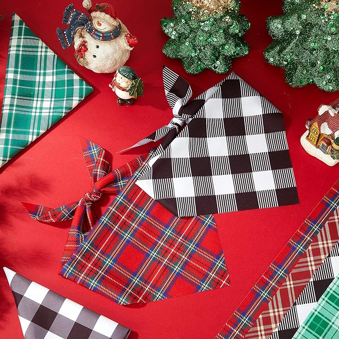 100 Pcs Christmas Dog Bandanas Bulk Xmas Red and Green Buffalo Plaid Bandanas Soft White Back Triangle Bibs Adjustable Scarf for Small Medium Large Pets (Red and Green Plaid)