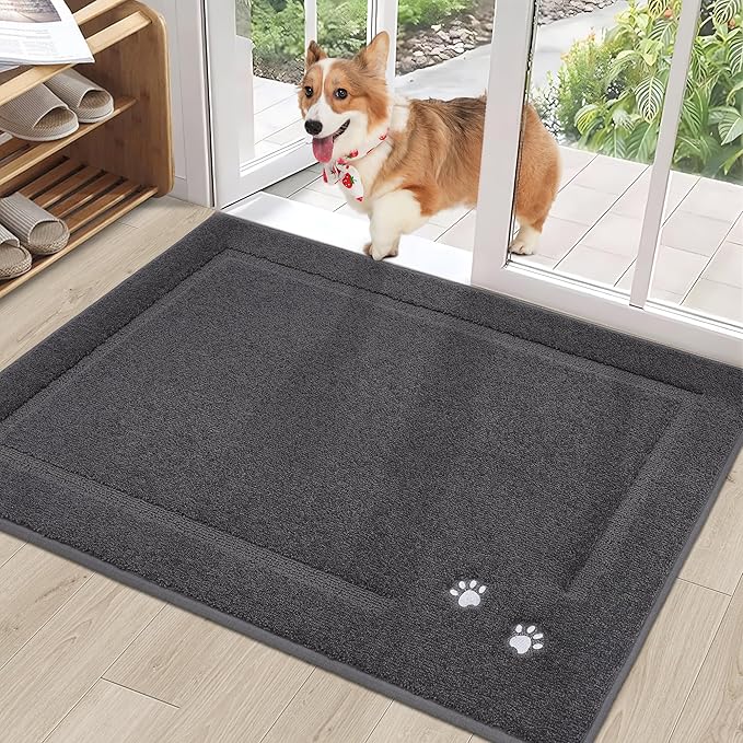BEQHAUSE Dog Door Mat for Muddy Paws 32"x48" Dirt Trapper Absorbent Doormat Non Slip Entryway Rugs Washable Stain Resistant Welcome Floor Mat Soft Low-Profile for Front Back Door, Dark Grey