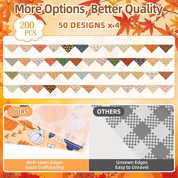 200 Pcs Fall Dog Bandanas Bulk Thanksgiving Pet Scarves Autumn Adjustable Bibs for X-M-L Dogs Washable Holiday Puppy Kerchief for Groomers Shelters