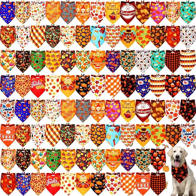 Newwiee 100 Pcs Thanksgiving Day Dog Bandanas Bulk for X-Large Dogs Fall Pumpkin Maple Leaf Triangle Bandanas Bibs Adjustable Pet Scarf Holiday Soft Breathable Thanksgiving Scarf Accessories for Puppy