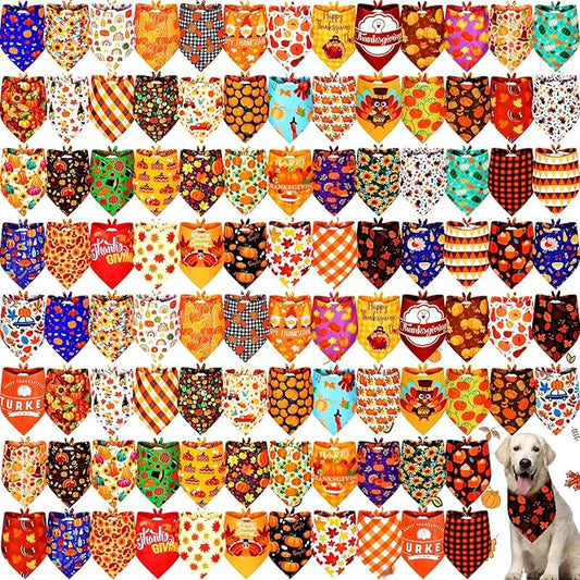 Newwiee 100 Pcs Thanksgiving Day Dog Bandanas Bulk for X-Large Dogs Fall Pumpkin Maple Leaf Triangle Bandanas Bibs Adjustable Pet Scarf Holiday Soft Breathable Thanksgiving Scarf Accessories for Puppy