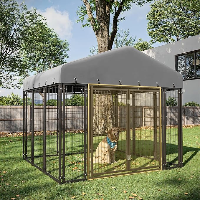 6X6FT Dog Kennel Outside Double Door Dog Kennel Outdoor with Feeding, Heavy Duty Outdoor Dog Crate Durable Dog Cage with Roof & Double Lock