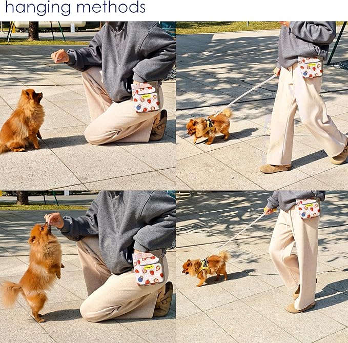 Dog Treat Pouch for Pet Walking and Training with Clicker 2 Cup Silicone Bag Small Fanny Pack Holder for Puppy Snack Dispenser Kit for Leash and Outdoor Use (Strawberry)