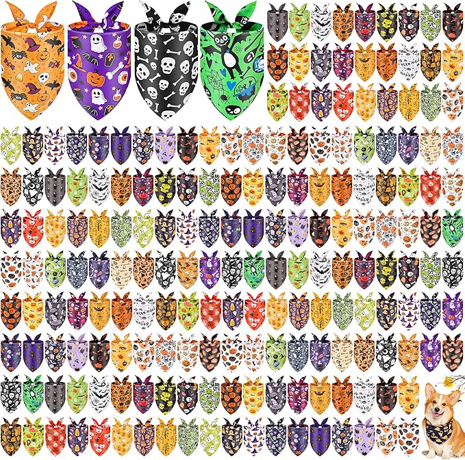 200 Pcs Halloween Dog Bandanas Bulk Fall Pet Scarves Autumn Adjustable Bibs for X-M-L Dogs Washable Holiday Puppy Kerchief for Groomers Shelters