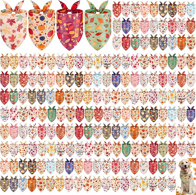 200 Pcs Fall Dog Bandanas Bulk Thanksgiving Pet Scarves Autumn Adjustable Bibs for X-M-L Dogs Washable Holiday Puppy Kerchief for Groomers Shelters