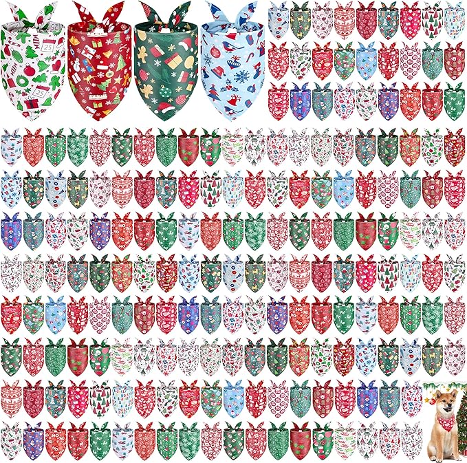 200 Pcs Christmas Dog Bandanas Bulk Xmas Pet Scarves Winter Adjustable Bibs for X-M-L Dogs Washable Holiday Puppy Kerchief for Groomers Shelters