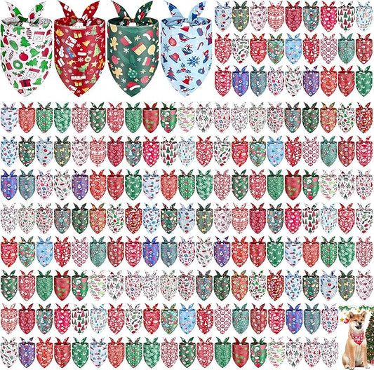 200 Pcs Christmas Dog Bandanas Bulk Xmas Pet Scarves Winter Adjustable Bibs for X-M-L Dogs Washable Holiday Puppy Kerchief for Groomers Shelters