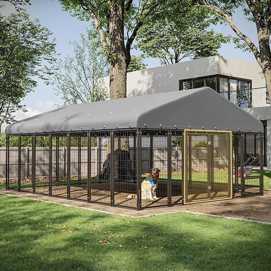 10X14FT Dog Kennel Outside Double Door Dog Kennel Outdoor with Feeding, Heavy Duty Outdoor Dog Crate Durable Dog Cage with Roof & Double Lock