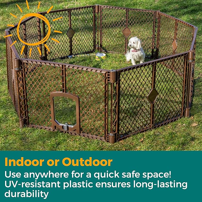 MyPet 8-Panel Petyard Passage: 6.5 ft. Wide 26 in. Tall Brown Freestanding Customizable Folding Pet Enclosure with Lockable Pet Door; Indoor/Outdoor Puppy Playpen Made in USA