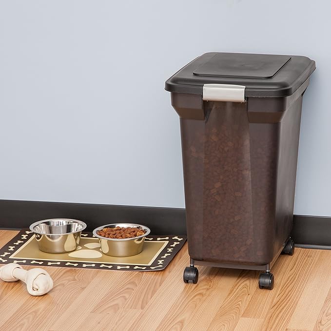 IRIS USA Airtight Dog Food Storage Container, WeatherPro, Up to 40 lbs, Removable Wheels, for Dog Cat Bird and Other Pet Food Storage Bin, Keep Fresh, Translucent Body, Made in USA, Smoke/Black