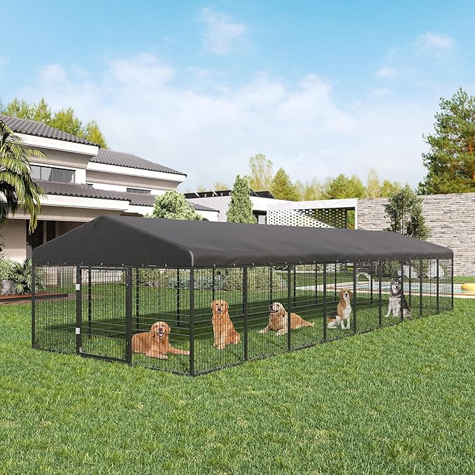 354" x 118" Outdoor Dog Kennel Steel Ideal Dog Fence for Medium/Small Dogs Anti-Rust Coating Cage with Roof All Weather Resistant Dog House with Double Locks