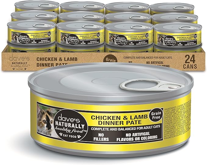 Dave's Pet Food Grain Free Wet Cat Food (Chicken & Lamb Dinner Pate), Made in Canada Naturally Healthy Canned Cat Food, Added Vitamins & Minerals, Wheat & Gluten-Free, 5.5 oz Cans (Case of 24)