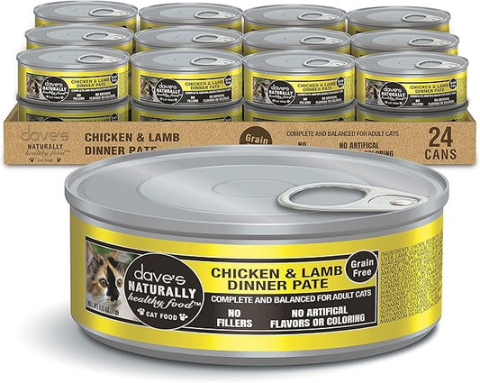 Dave's Pet Food Grain Free Wet Cat Food (Chicken & Lamb Dinner Pate), Made in Canada Naturally Healthy Canned Cat Food, Added Vitamins & Minerals, Wheat & Gluten-Free, 5.5 oz Cans (Case of 24)